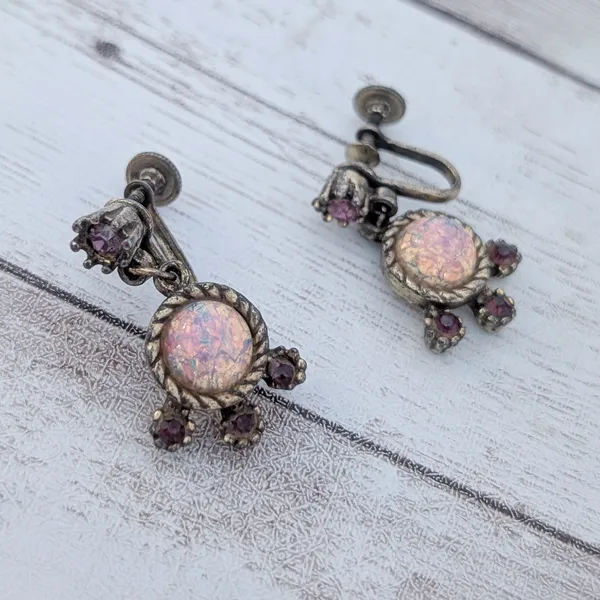 Vintage Screw On Earrings Unusual Dangle - Tarnished - Image 2