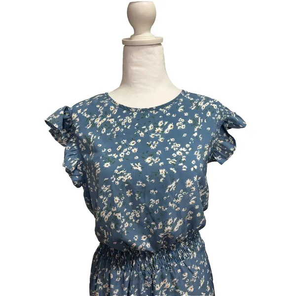 Ditsy‎ Floral Dress Blue Ruffle Cap Sleeve Smocked Waist Boho Cottage Garden S - Image 9