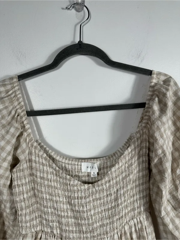 Anthropologie MABLE Gingham‎ Smocked Mini Dress Small Beige Babydoll Puff Sleeve Cotton - Image 4
