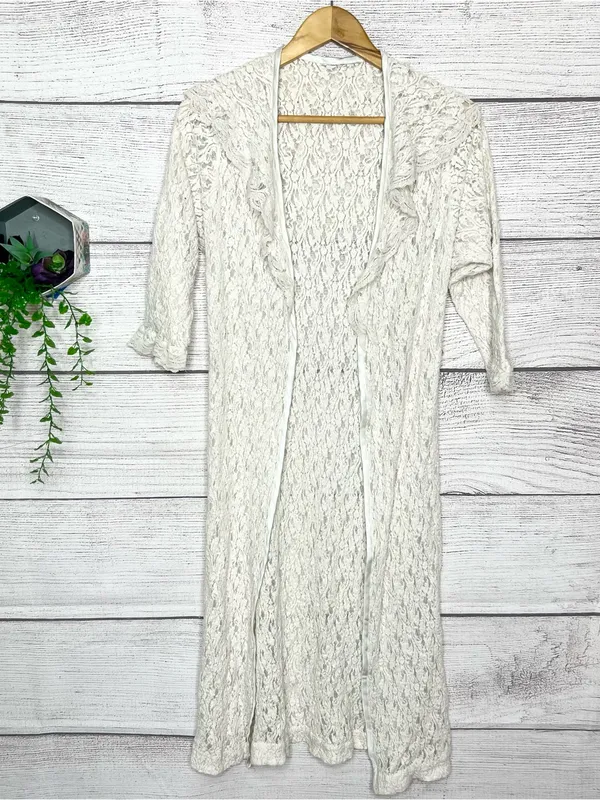 American Vintage Vintage Cream Lace Open Front Robe Duster Cardigan Size Small - Image 14