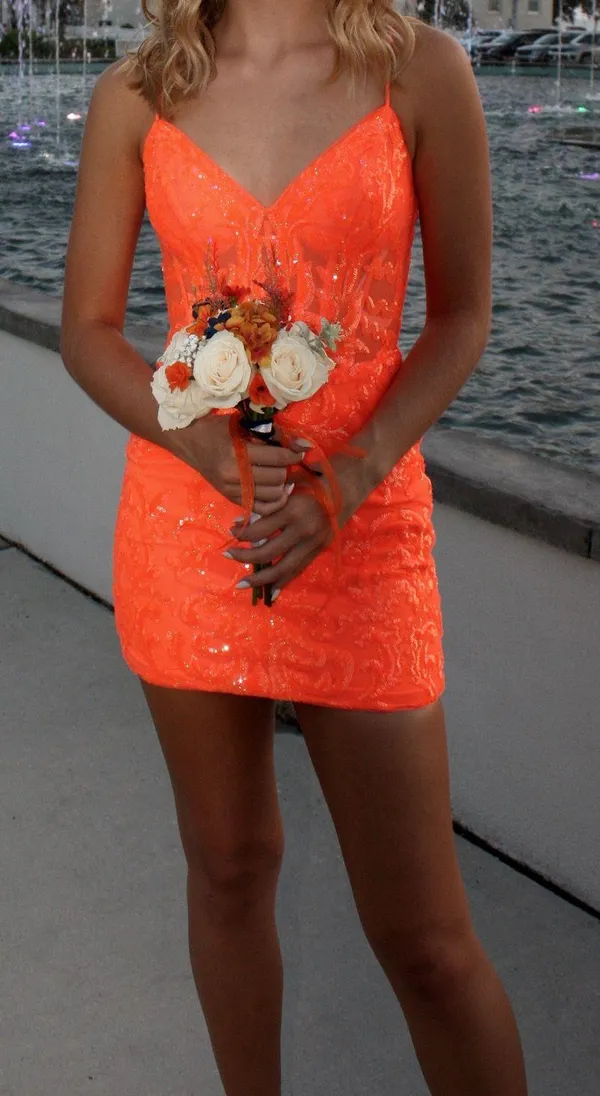 Ava Presley Neon Orange Homecoming Dress With Corset Top - Image 5