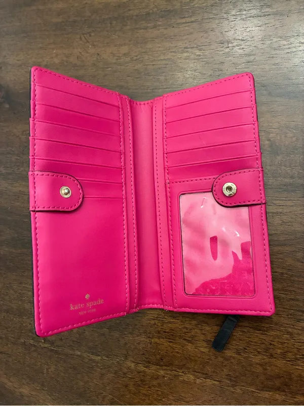 Kate Spade Wallet Bifold Black Hot Pink Gold Snap Zipper Leather - Image 3