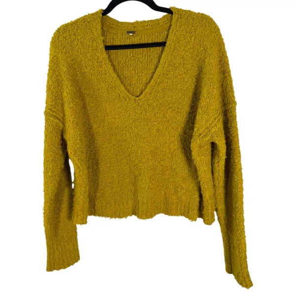 Free People Finders Keepers V Neck Moss Yellow Green Textured Crop Sweater Small - Image 6