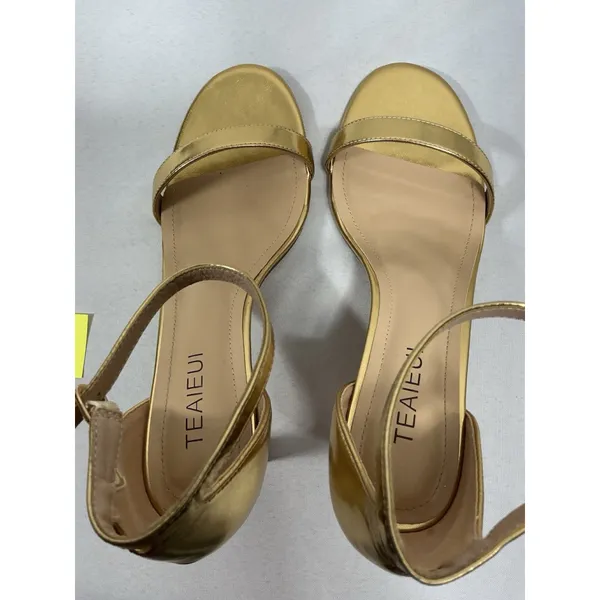 Womans Excellent Condition Teaieui Strappy Sandals 9.5 Gold Block Heel Strap - Image 6