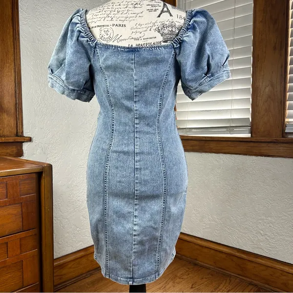 MELE E PERE | Acid Wash Denim Front Snap Puff Sleeve Stretchy Mini Dress Size S - Image 2