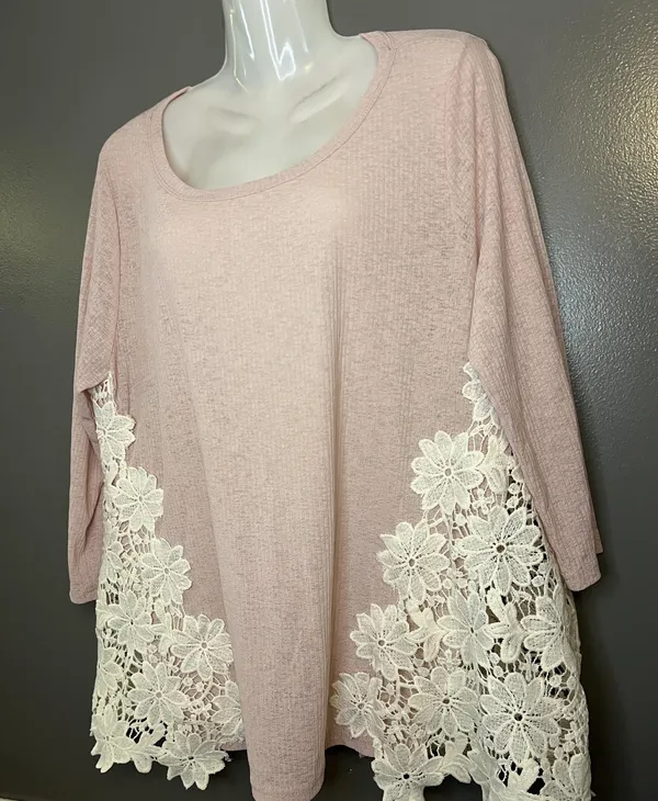 Umgee Shirt Womens Medium Pink Floral Crochet Lace Tunic Long Sleeve Top Boho - Image 3