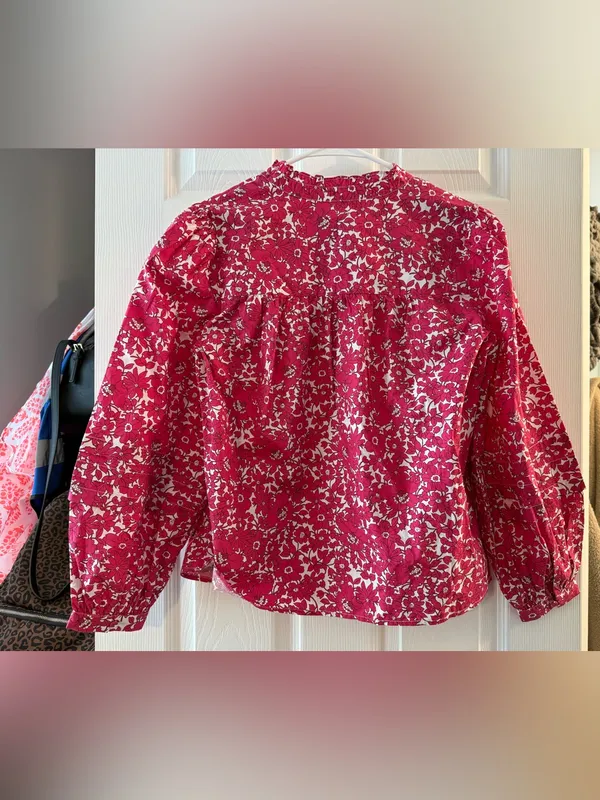 J. Crew Fuchsia and White Floral Popover Blouse Size XXS - Image 4