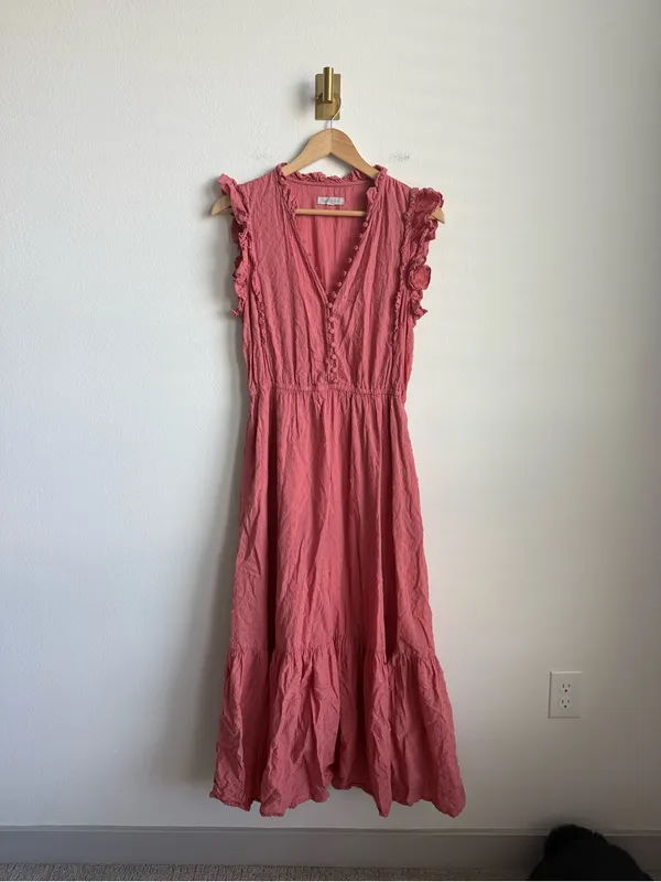 Outerknown Organic Cotton Coral Ruffle Tiered Midi Maxi Dress Medium - Image 5