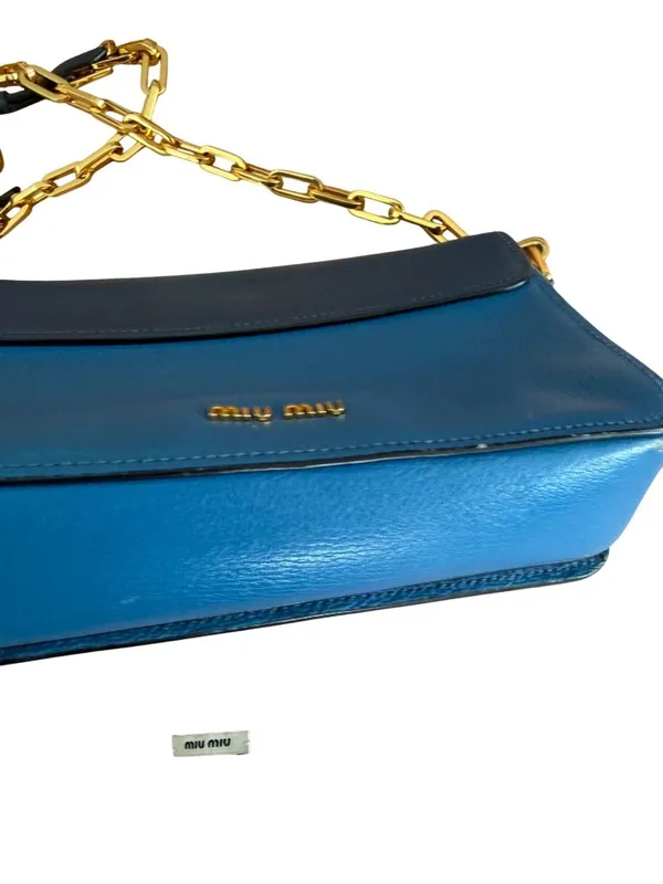 MIU MIU Blue Leather Madras Two Tone Chain Crossbody Bag - Image 6