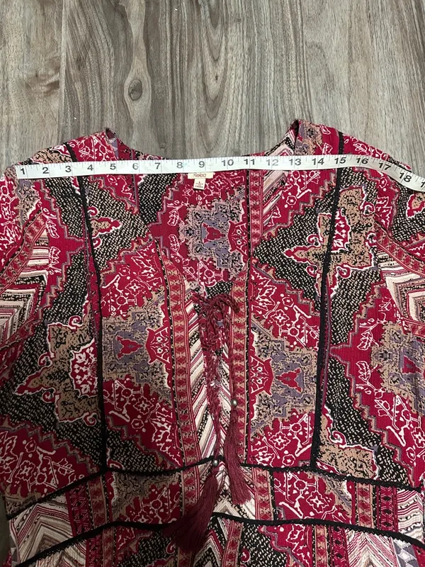 Reba Red & Brown Boho Tie-Front Long-Sleeve Midi Dress - Image 13