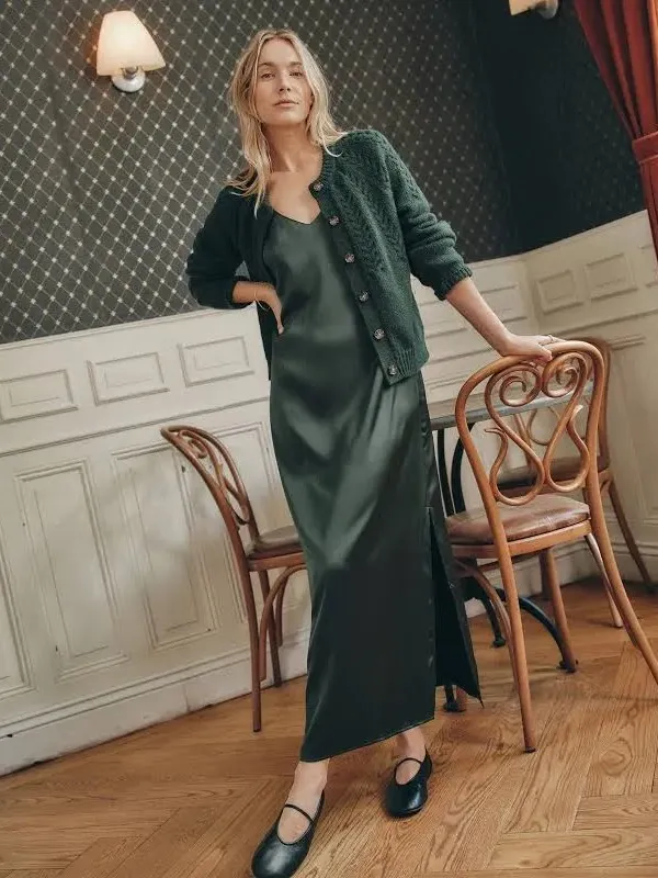 Marine Layer Dark Green Evergreen Satin Slip Midi Dress M - Image 5