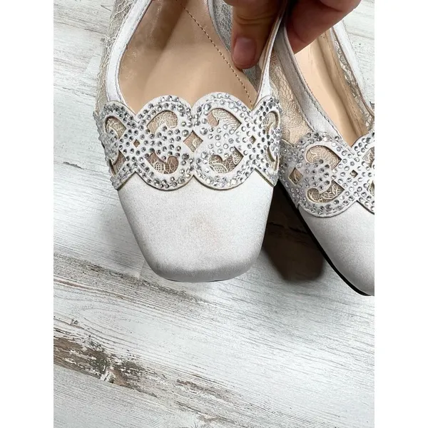 J Renee Silver Gray Lace Rhinestone Embellished Square Toe Slingback Heels 9.5 - Image 10