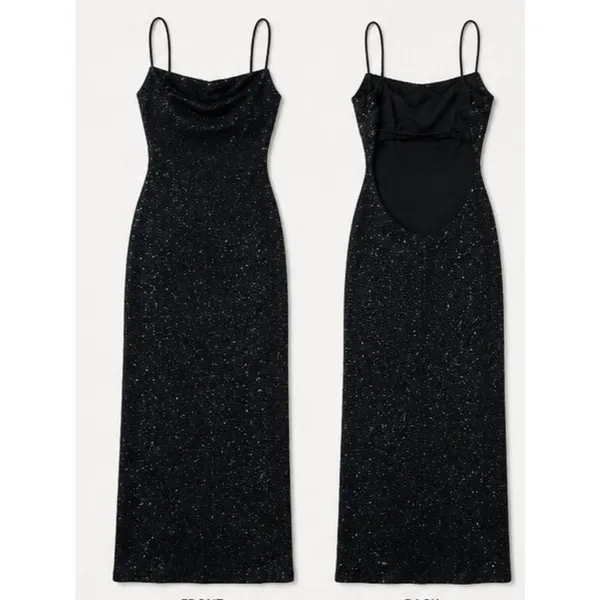B. Darlin Black Rhinestone Glitter Bodycon Maxi Dress Spaghetti Strap Y2K Formal - Image 2