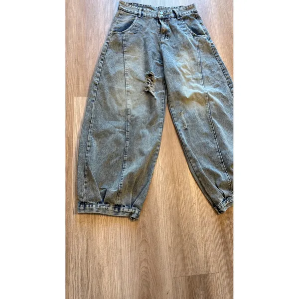 Acid Wash Wide Leg Barrel Jeans Distressed Balloon Denim Light Blue Streetwear - Image 3