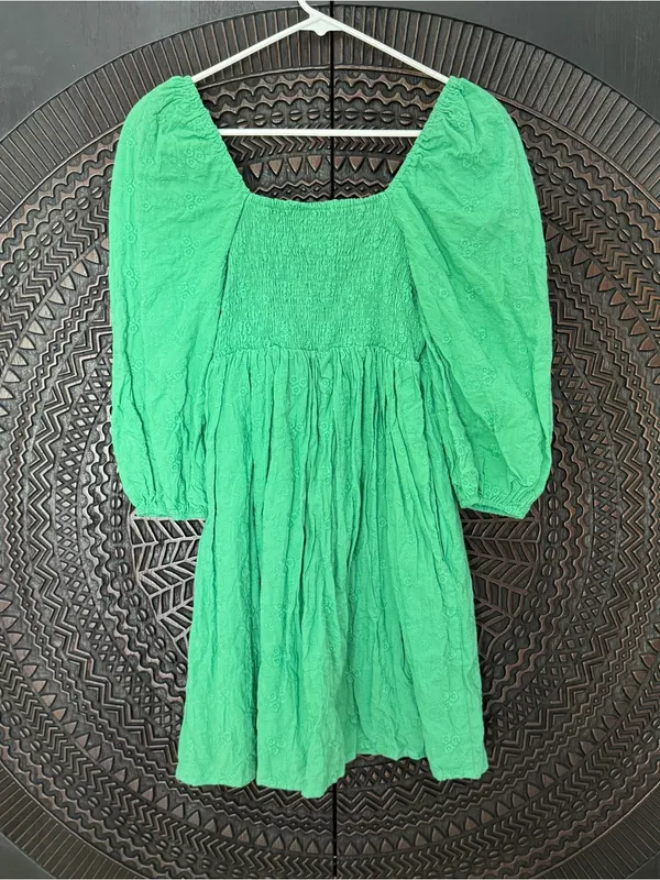 Tuckernuck Pomander Place Cotton Mini Dress XS Green Puff Sleeve Embroidered - Image 3