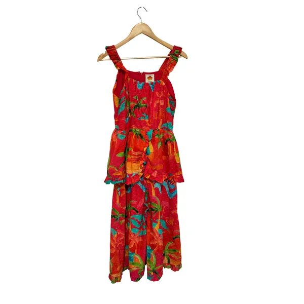 Farm Rio Ipanema Tropical Ruffled Midi Dress Red Palm Tree Cotton Small - Image 2
