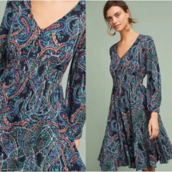 Anthropologie Maeve Women’s Paisley Long Sleeve V-Neck Dress Maplewood Blue Smal - Image 2