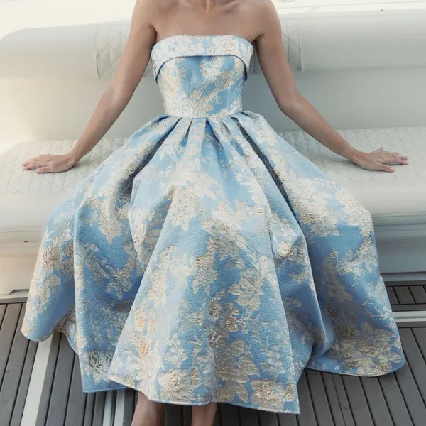 MAC DUGGAL 20726 Light Blue Strapless Brocade Midi Dress with Pockets Size 2 - Image 3