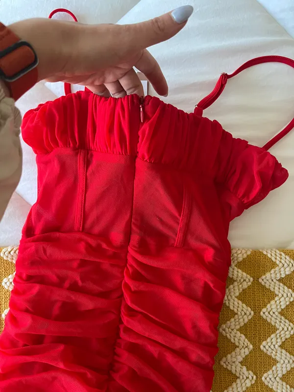 Tiger Mist Red Mesh Lace Up Mini Dress - Image 8
