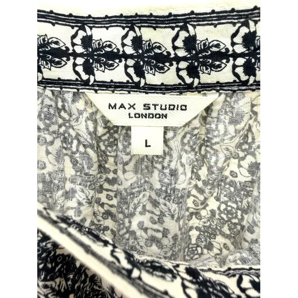 Max Studio Square Neck Puff Sleeve Blouse L Black White Floral Tile Medallion - Image 3