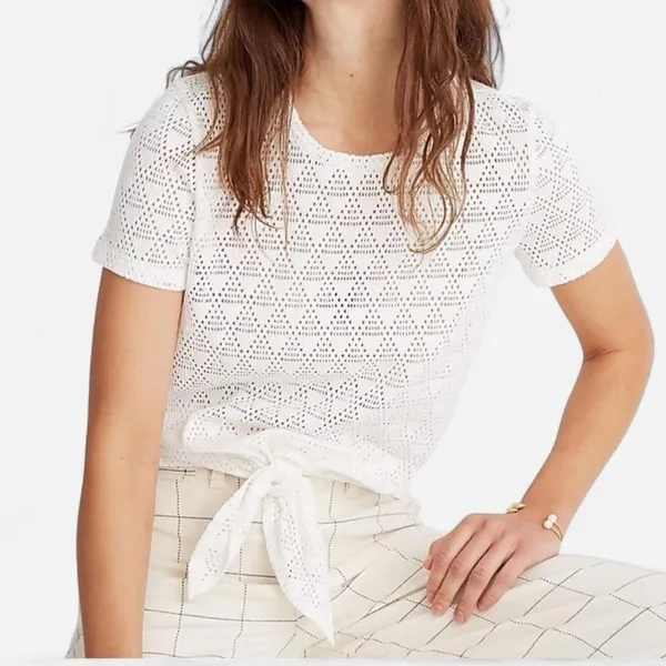 Madewell White eyelet Lace Knotted Short Sleeve Shirt – Size Small - Image 7
