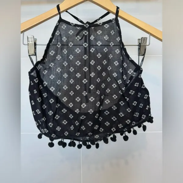 Forever 21 Black Pom Pom Trim Crop Top‎ | Size Medium - Image 2