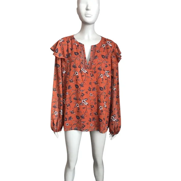 Loft Orange and Blue Flower Patterned Blouse - Image 2