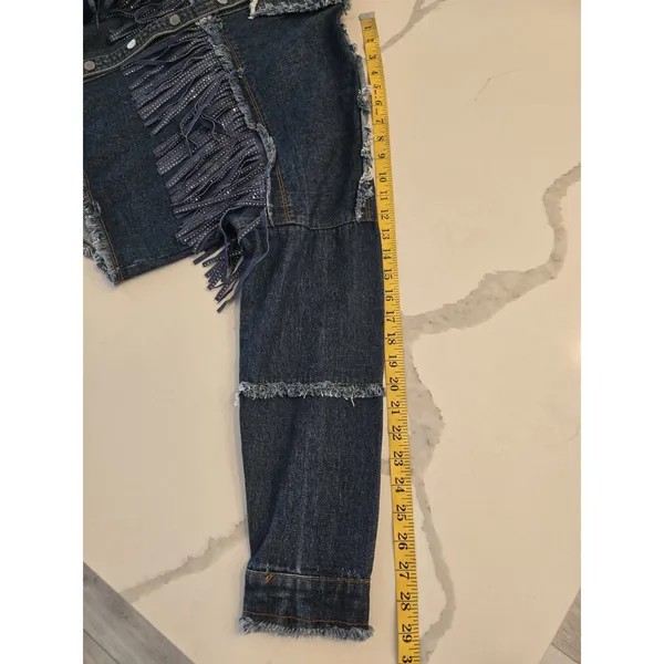 Garage The Style Between Us Denim Jacket M Blue Fringe Rhinestone Cropped Distressed - Image 11