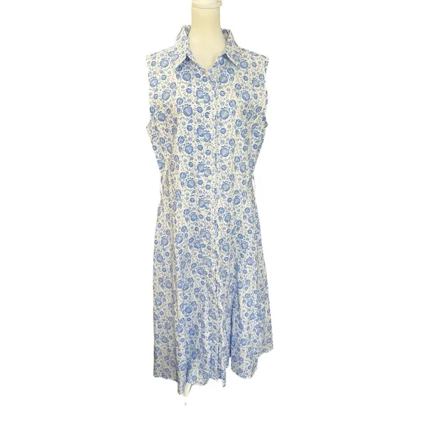 Kiel James Patrick Blue Floral Linen Blend Shirt Dress Nautical Cottage - Image 2