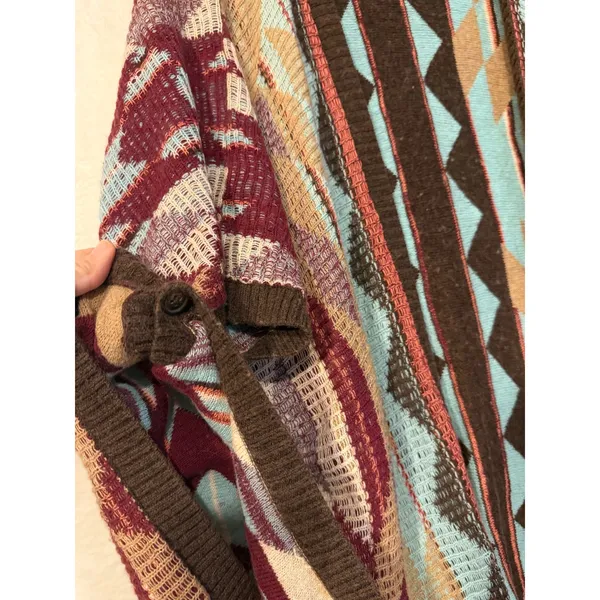 Eddie Bauer Southwestern Geometric Open Front‎ Cardigan Sweater Burgundy Teal L - Image 2