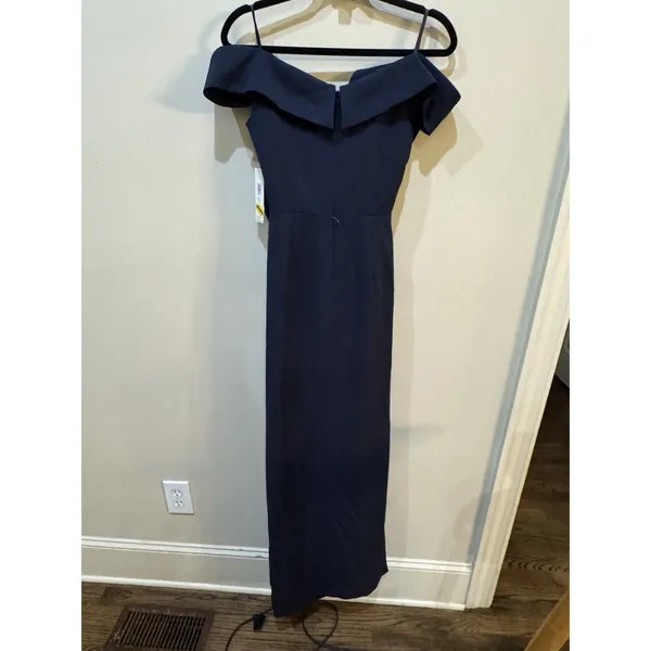 Eliza J Pleated Off Shoulder Gown Dress Size 4 $218 Navy Blue Crepe - Image 8