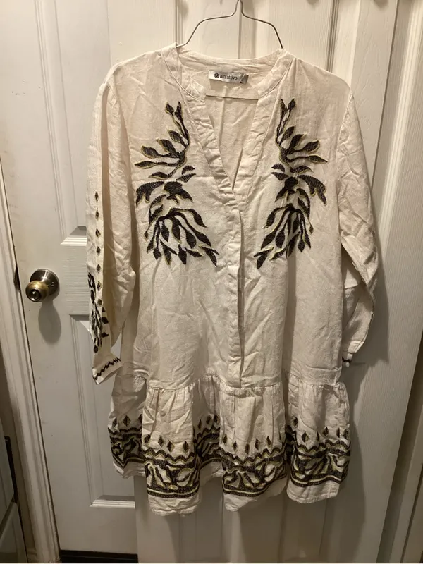 Cream Embroidered V-Neck Mini Dress with Black & Gold Motifs - Image 2