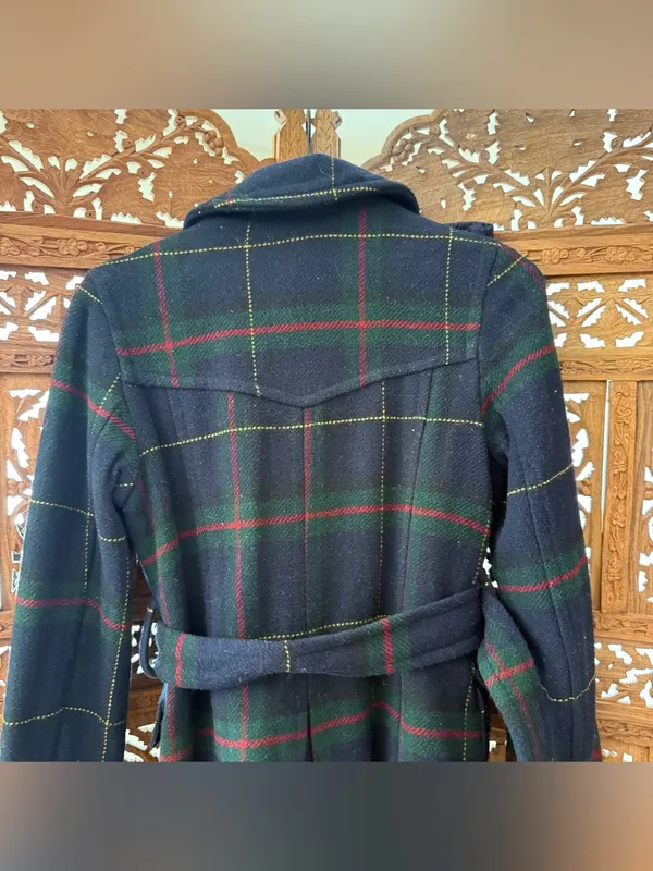 American Eagle Y2K Plaid Belted Wool Peacoat. Navy Green Red - Image 8