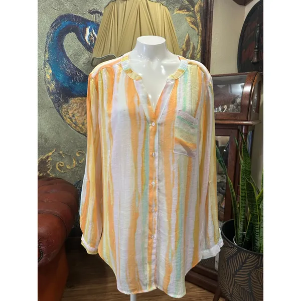 Title: Zac & Rachel XL Pastel Watercolor Stripe Button Down Shirt Roll Tab Sleev - Image 2