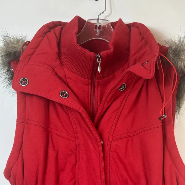 INC International Concepts Red Puffer Vest Faux Fur Hood Cotton XL - Image 3