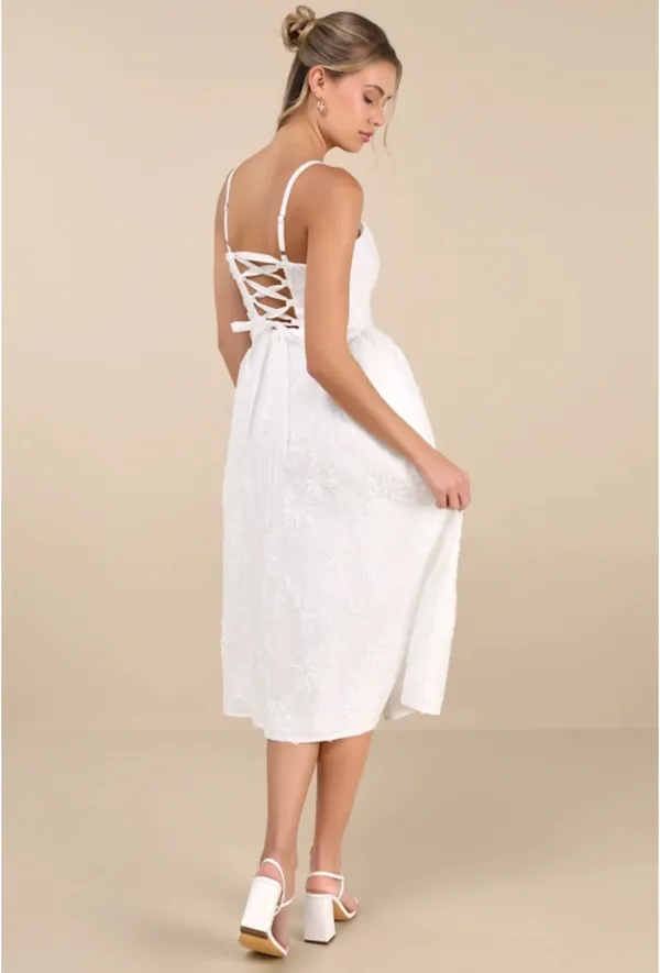 Lulus White Floral Lace Up Midi Dress - Image 3