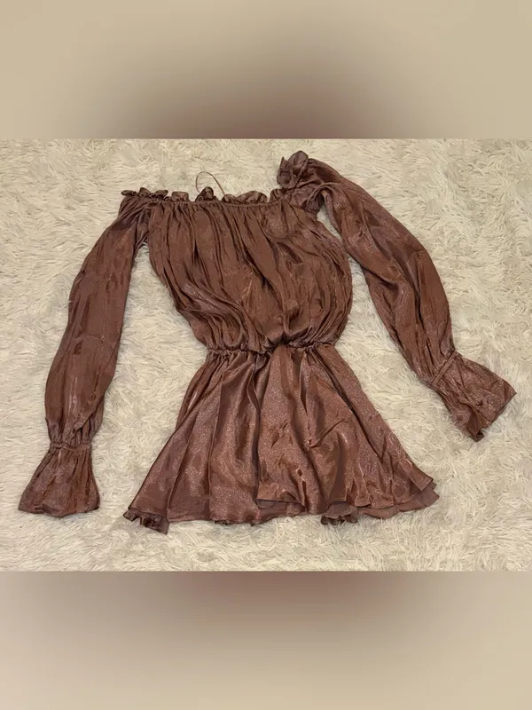 NEW House Of Cb Hazelnut Chaya Off Shoulder Chiffon Blouson Long Sleeve dress S - Image 8
