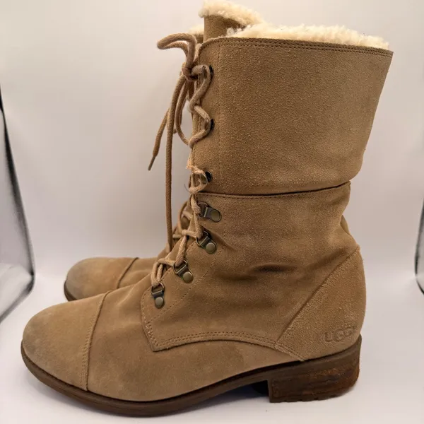 UGG Gradin Tan Suede Shearling Lined Lace Up Combat Boots Mid Calf Women US 9.5 - Image 2