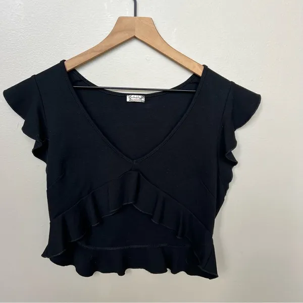 Free People Intimately Black Ruffle Plunge V-Neck Crop Top Peplum Size Large - Image 2