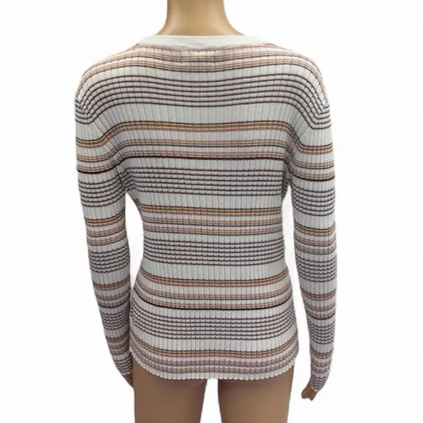 Nine West Striped Ribbed Long Sleeve Knit Top Ivory Brown Juniors XL - Image 2