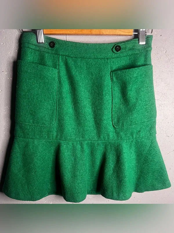 Anthropologie Maeve Kelly Green Wool Blend Flounce Hem Mini Skirt. Size 0P - Image 3
