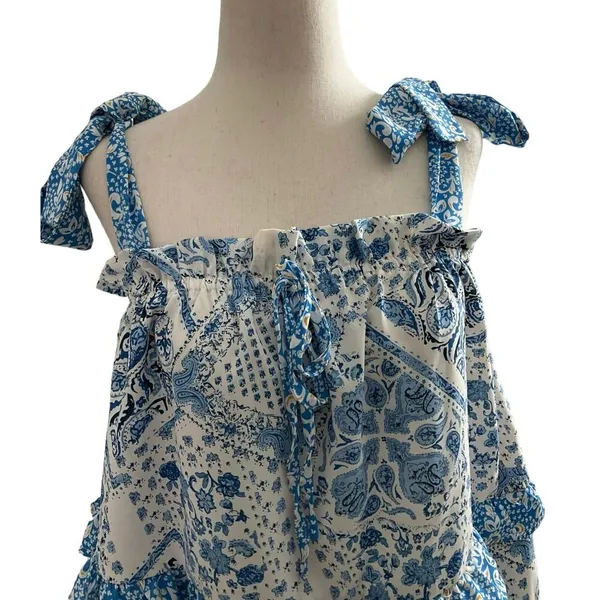 Davi & Dani Women Size Medium Square Neck Ruffles Blue White (33-472) - Image 2