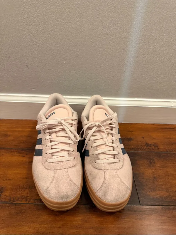 adidas Women’s Light Pink Suede Sneakers with Navy Stripes and Gum Platform - Image 2