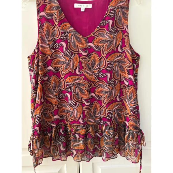 Rose + Olive Magenta Pink Paisley Peplum Sleeveless V-Neck Blouse Top Womens Med - Image 2