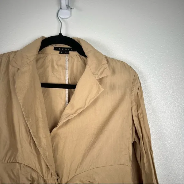 Theory Tan Linen Blend Tie Front Blazer Jacket Womens 2 Short‎ Peak Lapel - Image 3