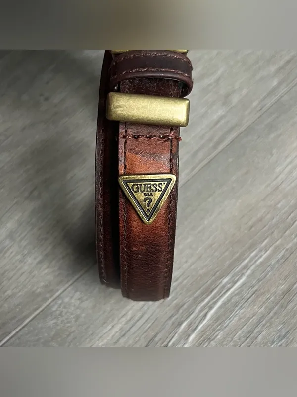 Vintage Guess Brown Genuine Leather Belt Brass Buckle Logo Size Medium - Image 2