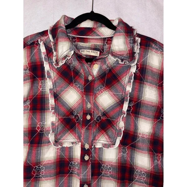 We The Free Free People Georgia Plaid Embroidered Button Down‎ Ruffle Shirt NWT - Image 6