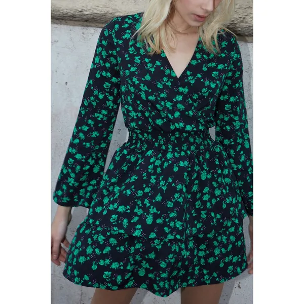 ASOS Subdued Emerald Leaf Floral Print Ruffle Tiered Flare Sleeve Dress - Image 3