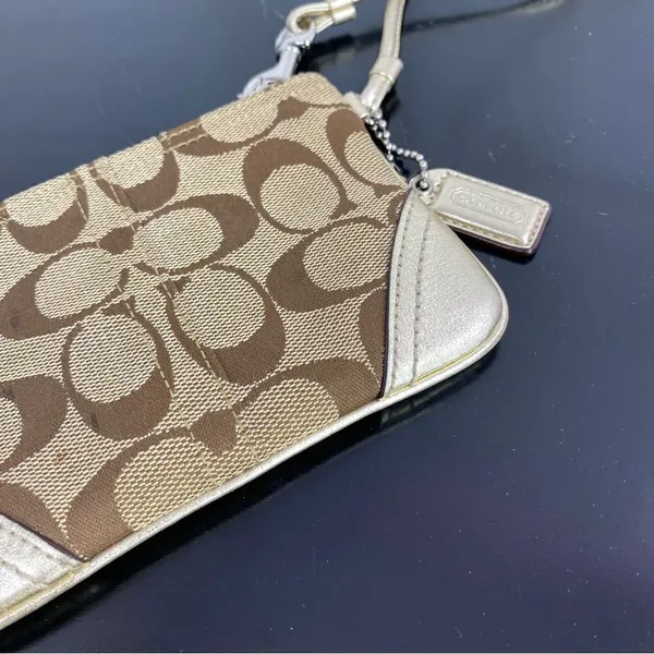 Coach Signature‎ Canvas Leather Wristlet Bag Beige Gold - Image 5