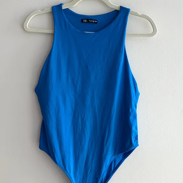 ZARA Bright Blue Highneck Racerback Tank Bodysuit, Size Large - Image 15